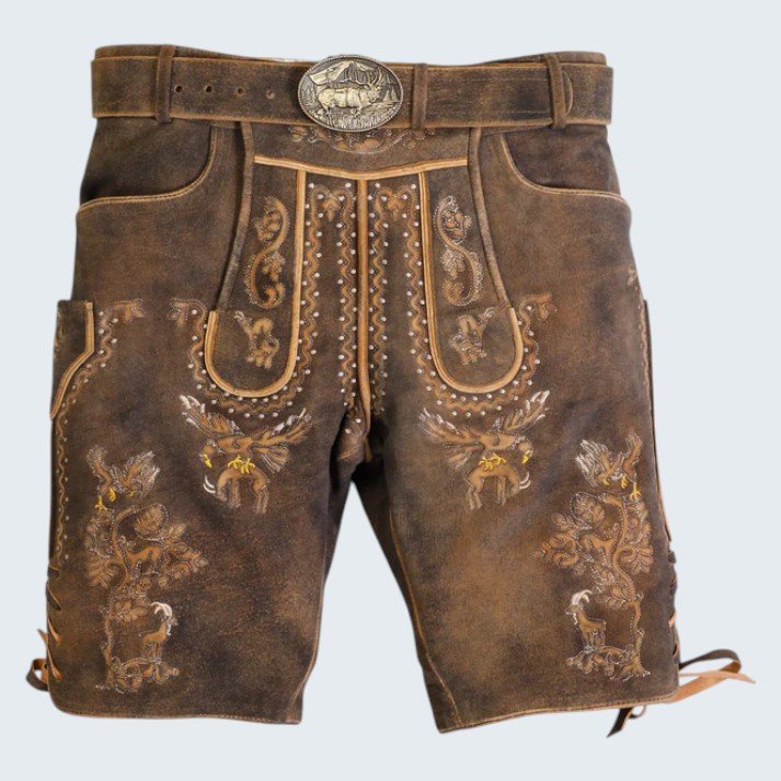 Luxurious Sepia Raw Brown Lederhosen with Alpine Flair Luxurious Sepia Raw Brown Lederhosen with Alpine Flair