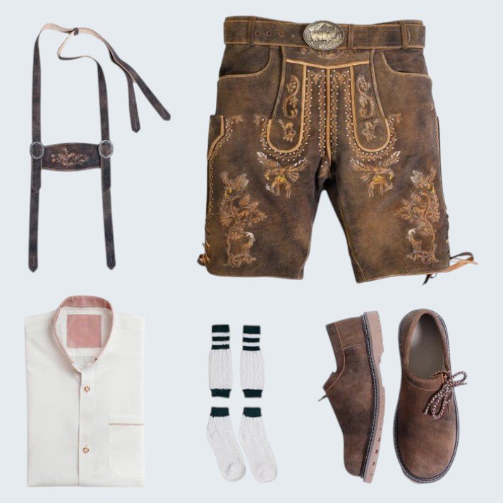 Sepia Raw Brown with Alpine Flair Lederhosen Set Sepia Raw Brown with Alpine Flair Lederhosen Set